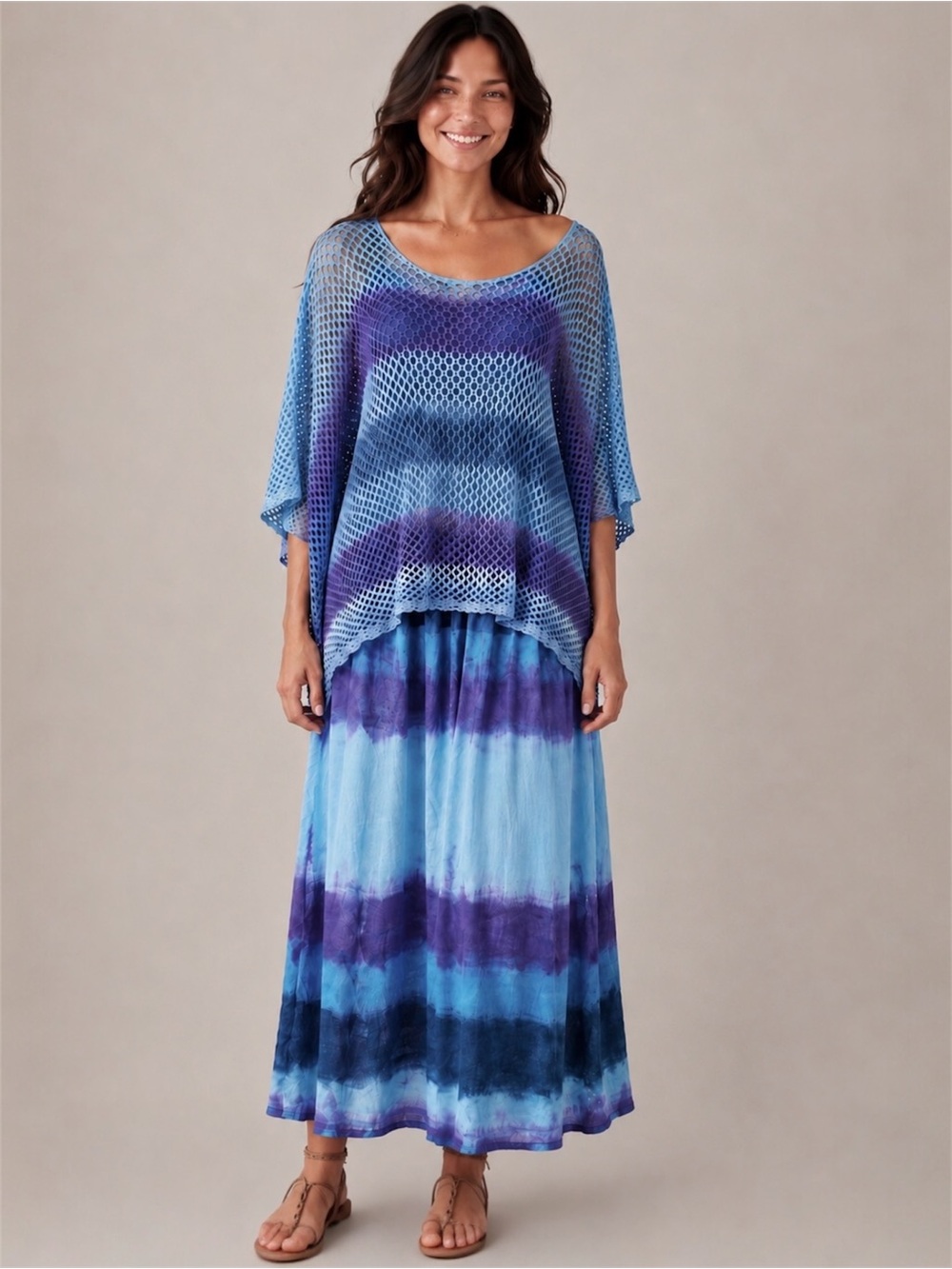 Beyond Capri Blue Purple Tie-Dye Linen Silk Mesh Poncho Maxi Dress One Size S-L